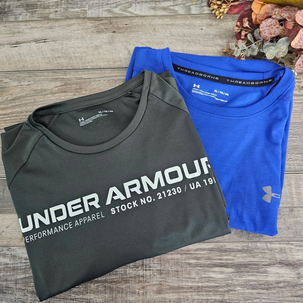 Under‎ Armour Mens XL Lot of 2 Performance Shirts Threadborne HeatGear Gray Blue